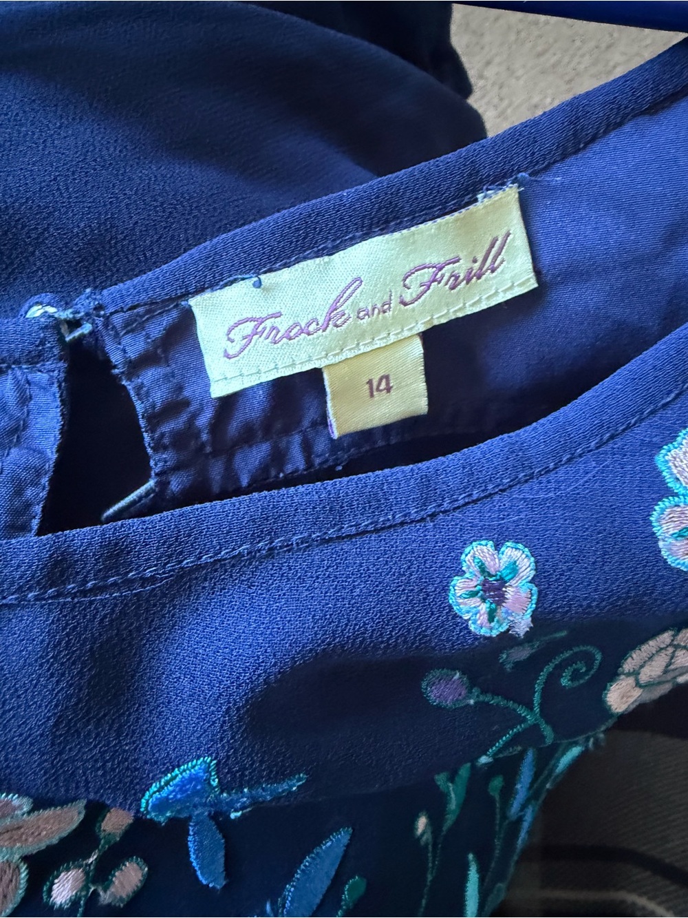 Frack and Frill Navy Blue Embroidered Floral Dress Size 14 Cottagecore Boho - Picture 8 of 8
